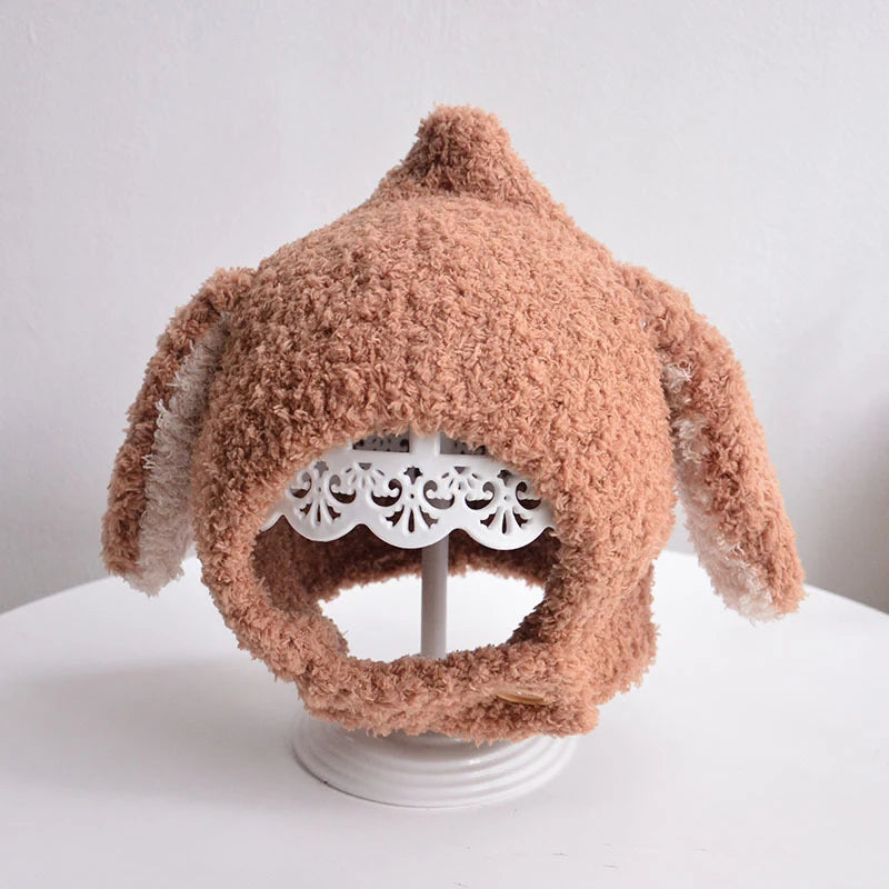 Chapeau en peluche avec oreilles de lapin pour bébé, bonnet pour bébé, bonnet à oreillettes, dessin animé coréen, chaud, mignon, garçon, fille, enfants, automne, hiver
