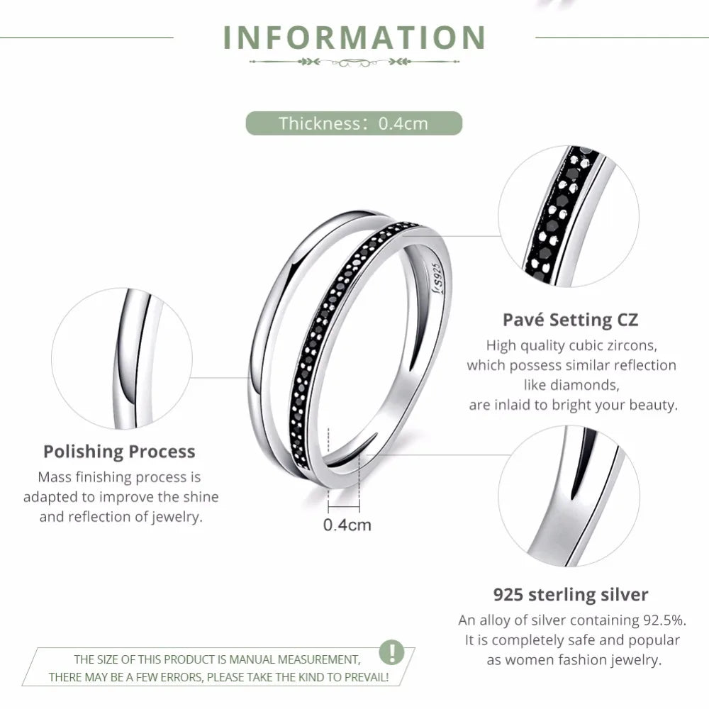 Bamoer véritable 925 en argent Sterling Double cercle noir clair CZ empilable bague pour les femmes en argent fin bijoux cadeau SCR082