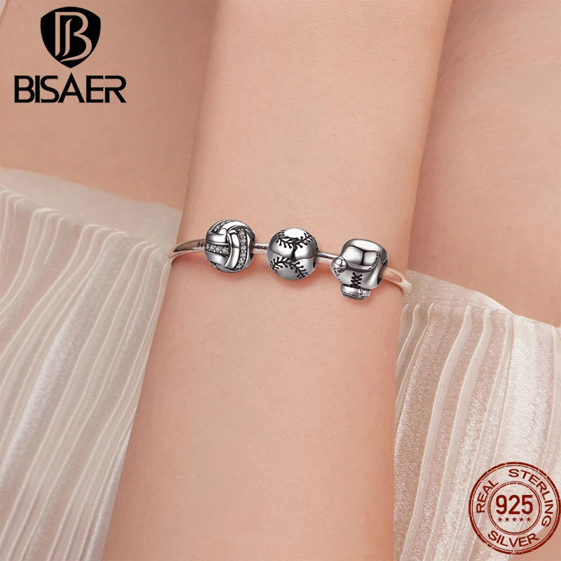 BISAER 925 en argent Sterling série balle charme Football volley-ball Tennis basket-Ball perle ajustement femmes et hommes Bracelet bricolage bijoux fins