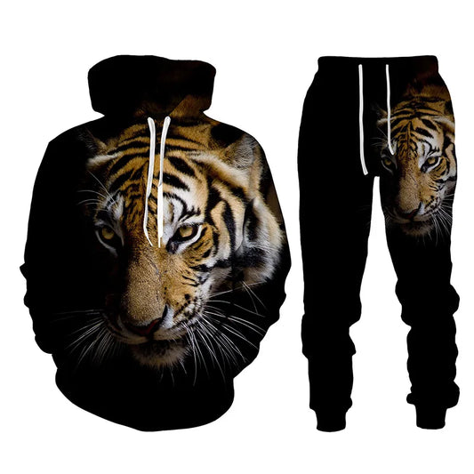 Ensemble de survêtement imprimé tigre animal 3D pour hommes, sweat à capuche et pantalon décontractés, streetwear à la mode, vêtements trempés, automne, hiver, 2 pièces