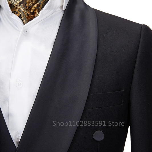 Smoking à revers en satin noir imbibé pour hommes, double boutonnage, châle de mariage, costume de fête, vêtements pour hommes, marié, nouveau, 2024, 2 pièces