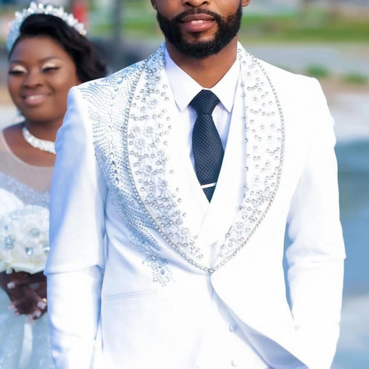 Costume 3 Pièces de Luxe pour Homme, Blazer Glacé, un Bouton, Revers Large, Perles de Bal Formelles, Diamants, Marié de Mariage, Grande Taille sur Mesure