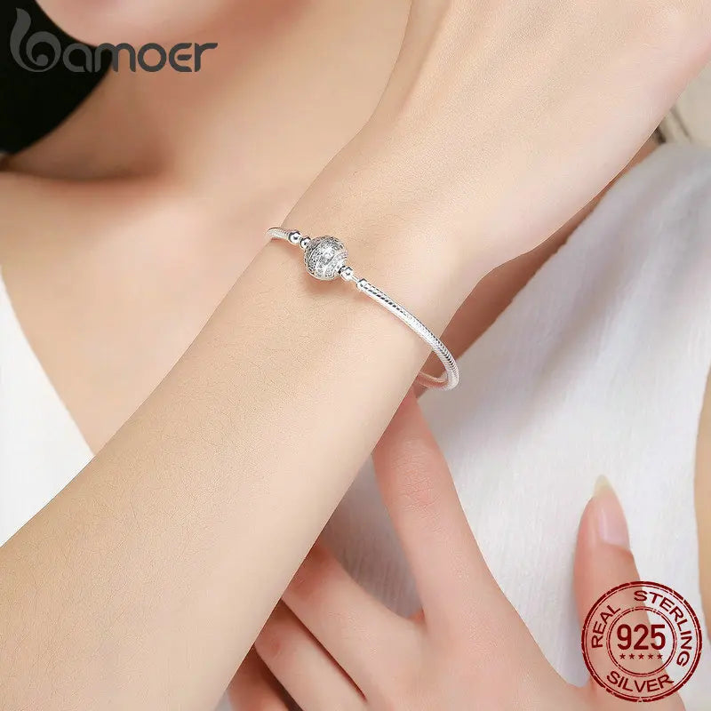 Bamoer 100% 925 argent Sterling éblouissant clair CZ fermoir rond serpent chaîne fleur fermoir Bracelet bijoux fins SCB062