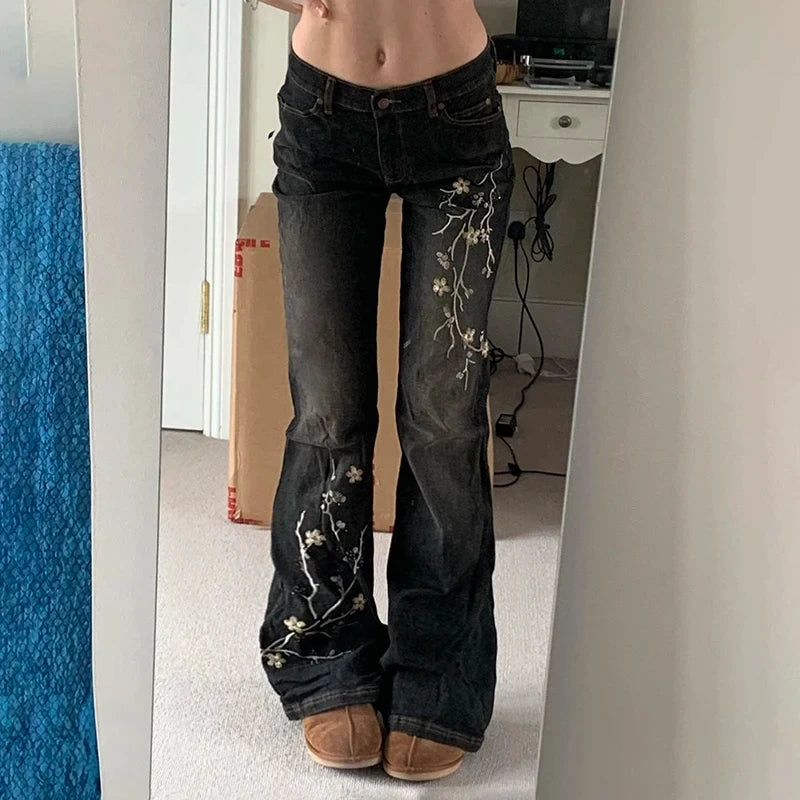 Jean Vintage brodé de fleurs Y2k années 2000, jean évasé taille basse, Baggy d'été pour femmes, mode Streetwear, pantalon en Denim