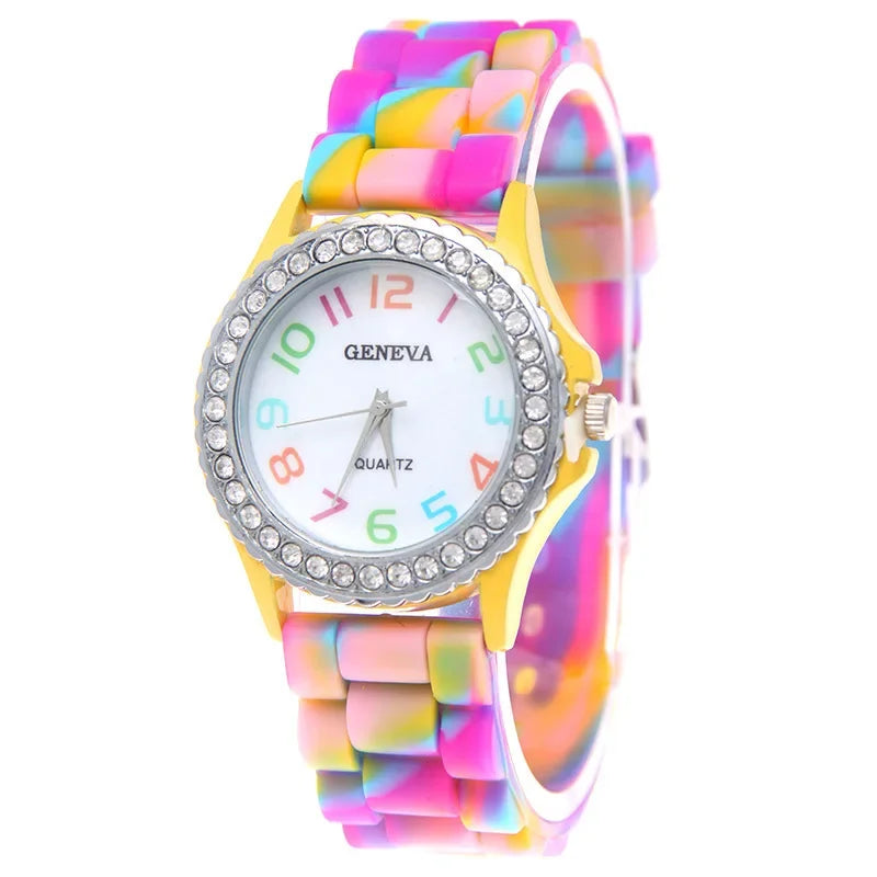 Montres de luxe pour femmes, arc-en-ciel, diamant, quartz, silicone, étanche,