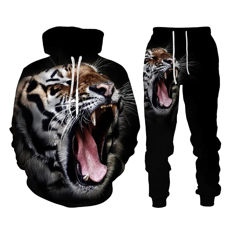 Ensemble de survêtement imprimé tigre animal 3D pour hommes, sweat à capuche et pantalon décontractés, streetwear à la mode, vêtements trempés, automne, hiver, 2 pièces