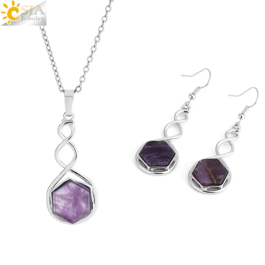 CSAlbaneParure de bijoux en pierre naturelle pour femme, boucles d'oreilles, collier, hexagone, pendentif en cristal, acier inoxydable, accessoires de bijoux, H577