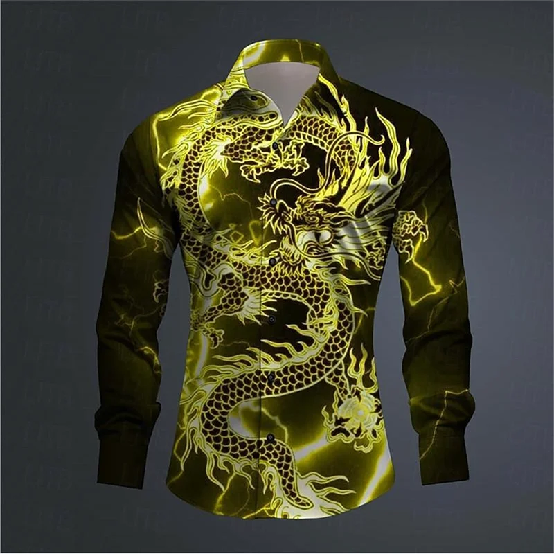 Chemise à manches longues imprimée en 3D abstraite pour hommes, haut à revers confortable, culture du dragon, tendance de la mode, tenue quotidienne