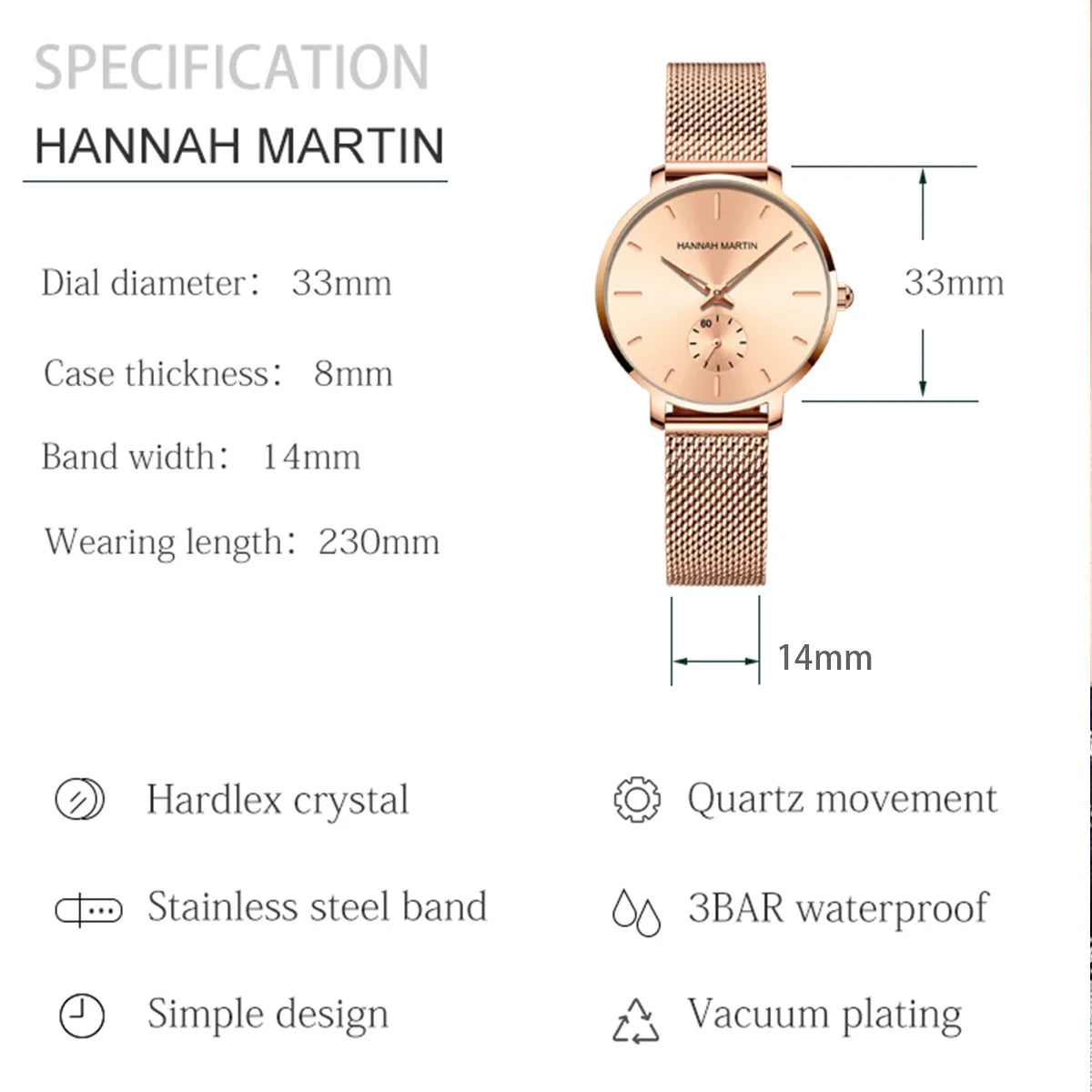 HANNAH MARTIN Top marque femmes montre 1335 synchronisation sous-cadran en acier inoxydable maille mouvement à Quartz or Rose 33mm