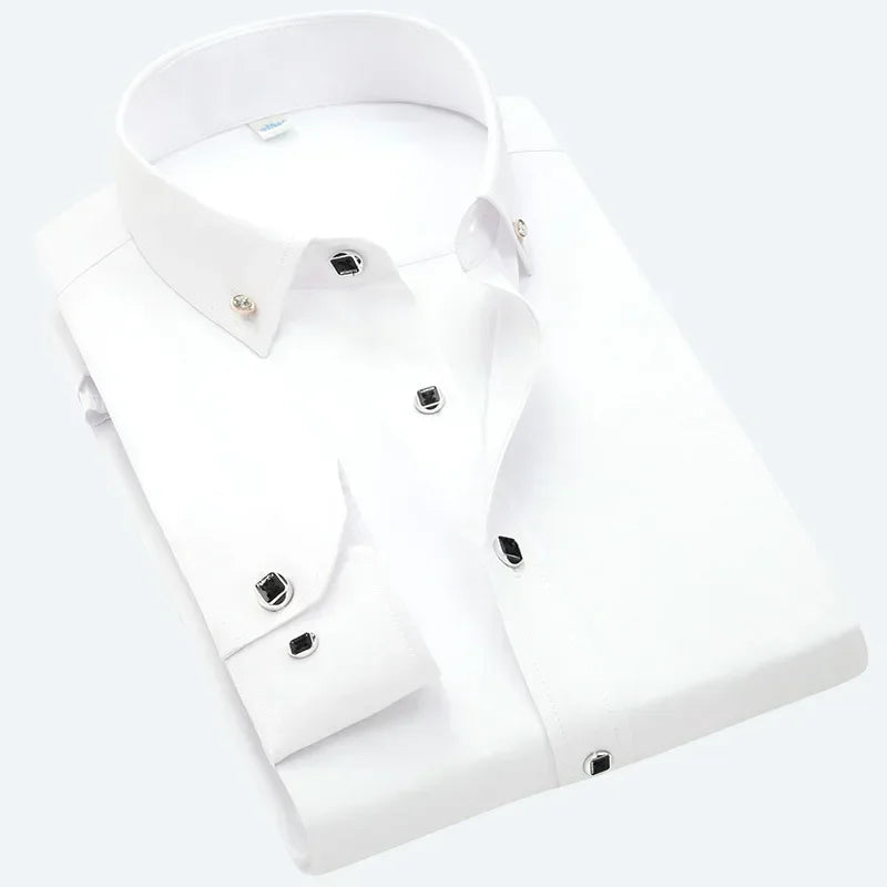 Chemise habillée de luxe pour hommes, bouton en diamant, couleur unie, décontractée, coupe Standard, confortable, douce, manches longues, vêtements pour hommes