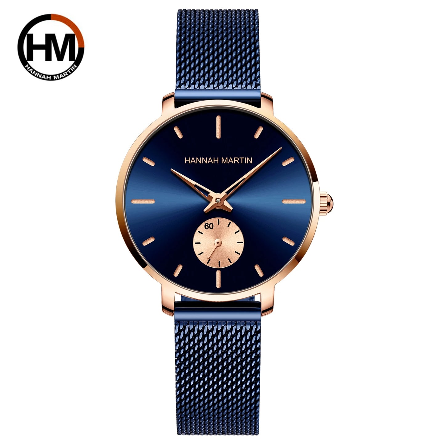 HANNAH MARTIN Top marque femmes montre 1335 synchronisation sous-cadran en acier inoxydable maille mouvement à Quartz or Rose 33mm