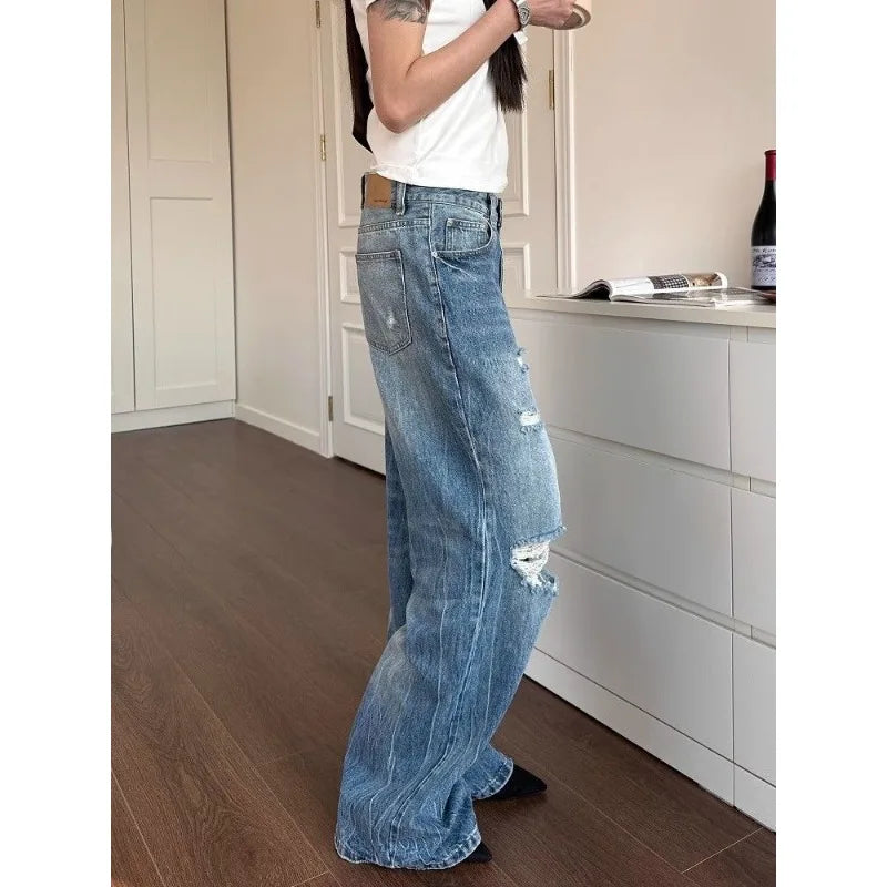 Jean bleu taille haute à trous multiples pour femmes, pantalon à jambes larges, pantalon américain Cool Girl, bas décontracté, survêtement féminin