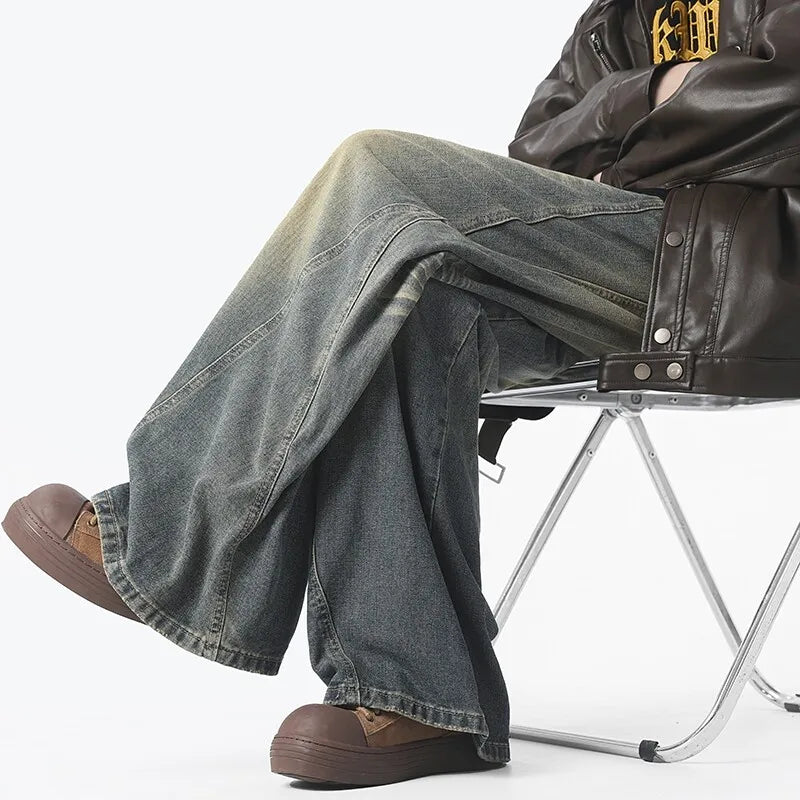 Style américain Vintage jean droit hommes rétro mode pantalon de nettoyage unisexe haute rue ample décontracté jambe large Denim pantalon