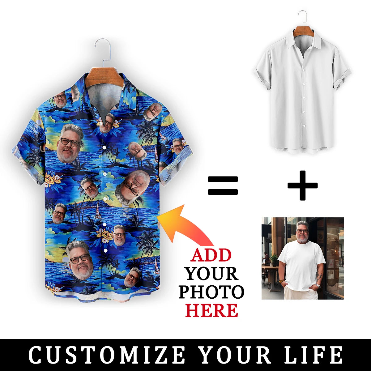 Chemise Hawaïenne Personnalisée pour Homme et Femme, Design Personnalisé, ixsur la Plage, Cadeau d'Anniversaire, Été