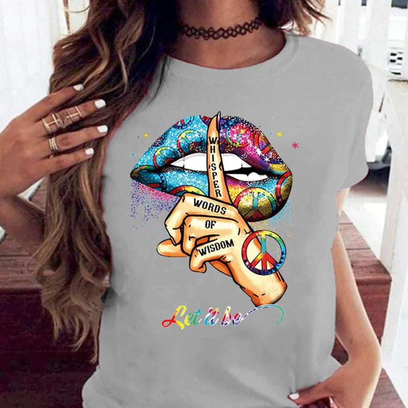 100% coton ample col rond bouche créative à manches courtes T-shirt femme surdimensionné T-shirt hauts vêtements esthétiques