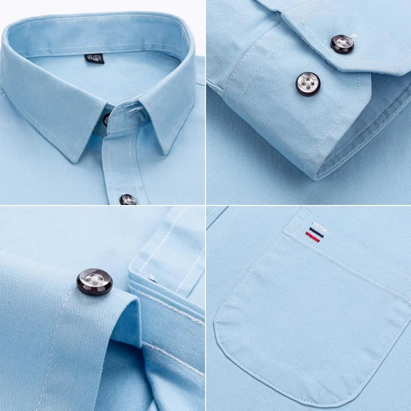 Nouveau 100% pur coton hommes chemises manches longues couleur unie doux coupe régulière chemise décontractée poche Social Blouse hommes vêtements S-7XL