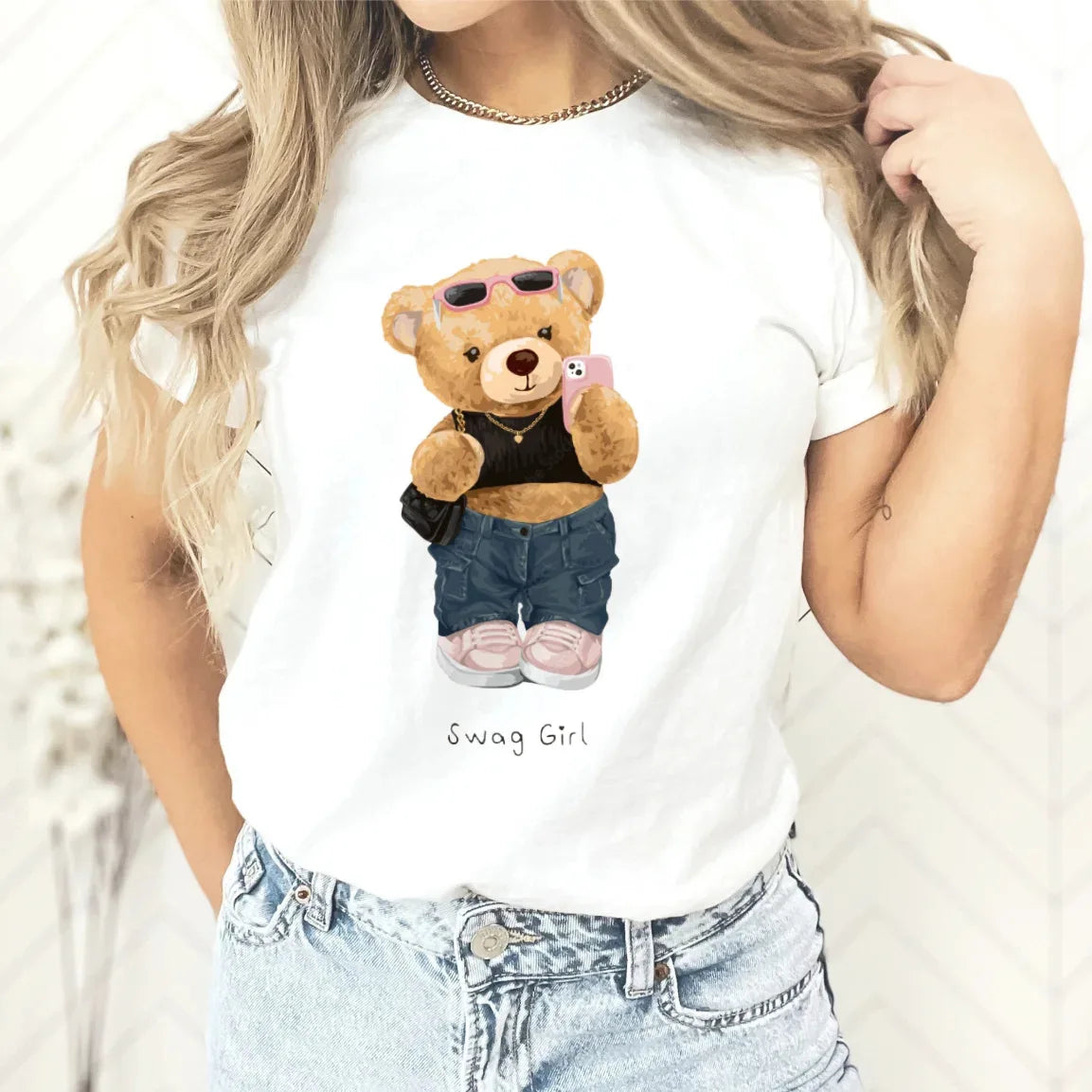 T-shirt imprimé ours en peluche pour femme, haut décontracté à col rond, t-shirts graphiques, vêtements d'été sympas