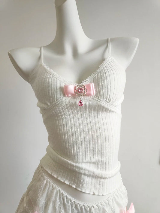 Camis mignon solide haut court femmes été nœud extensible hauts courts pour filles douces Kawaii vêtements