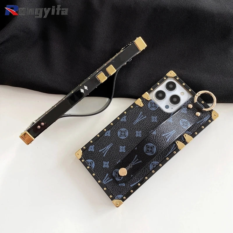 Étui carré en cuir avec dragonne pour iPhone