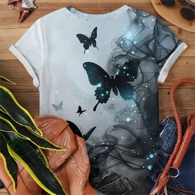 Mystérieuse Starlight rêveur papillon brillant T-shirt femme décontracté ample confortable gris manches courtes