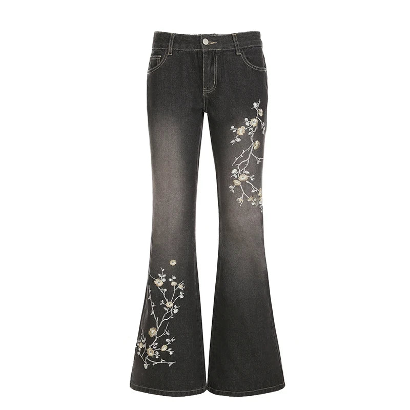 Jean Vintage brodé de fleurs Y2k années 2000, jean évasé taille basse, Baggy d'été pour femmes, mode Streetwear, pantalon en Denim