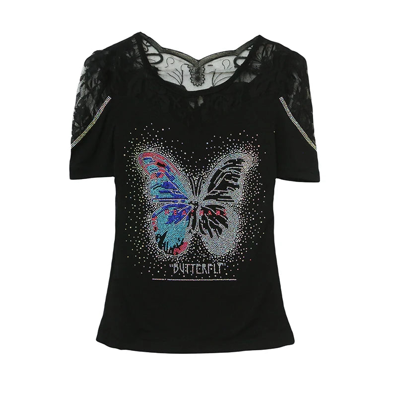 Été nouvelle mode maille T-shirt Chic luxe papillon chaud diamant T-shirt élégant dentelle Patchwork à manches courtes mince haut pour femme