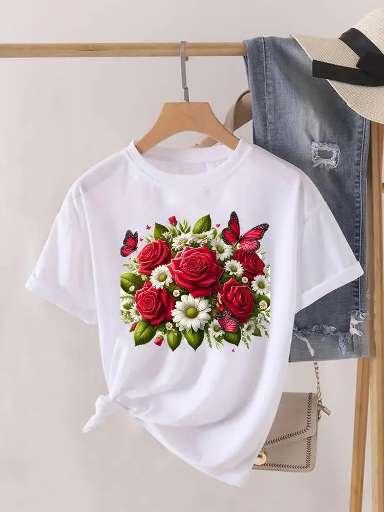 Tendance fleur Style mignon à manches courtes femmes imprimer femme chemise mode vêtements graphiques T-shirts vêtements dame t-shirt décontracté