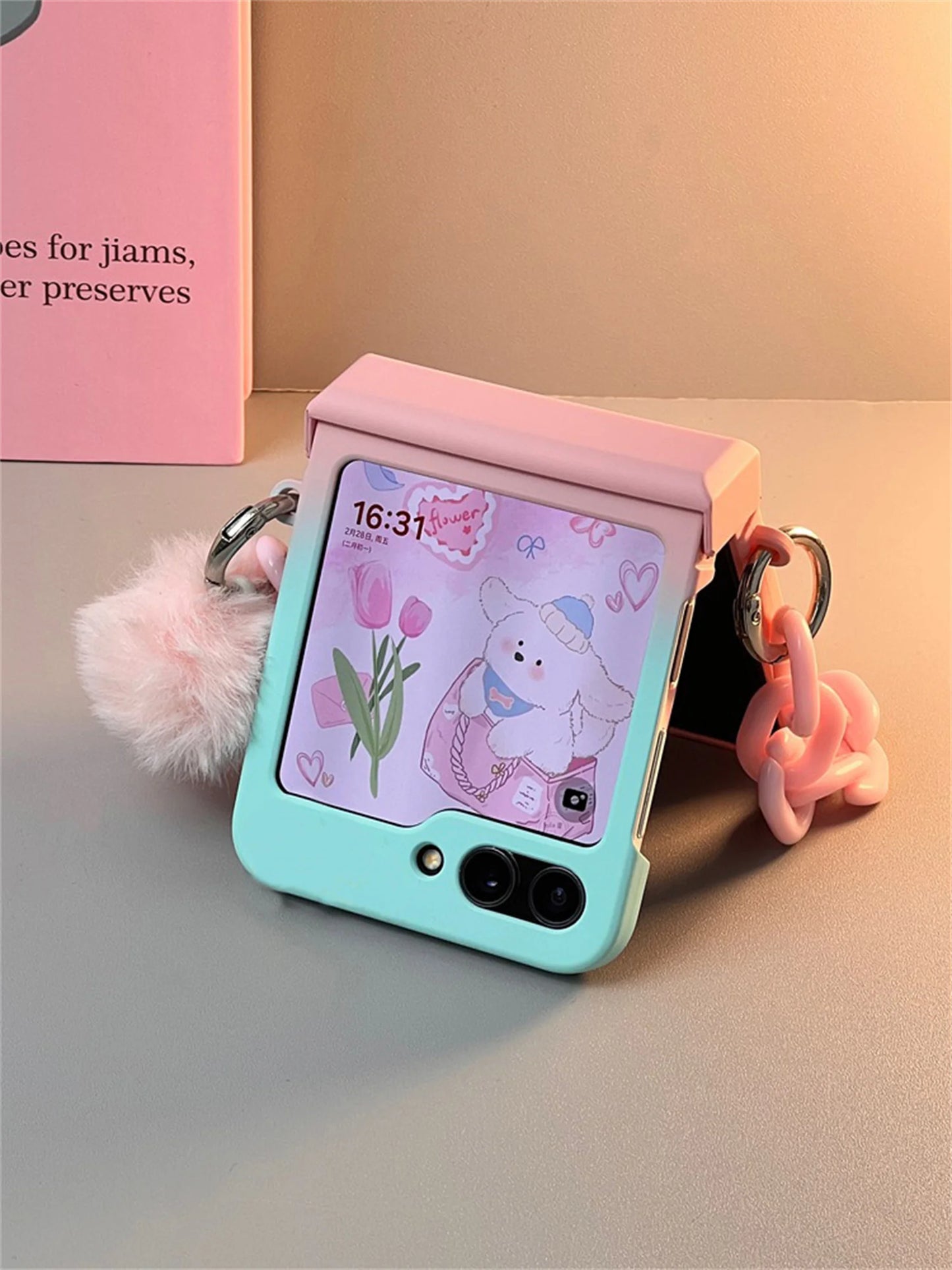 coque de téléphone bleue dégradée avec Bracelet Hariball rose pour Galaxy Z Flip