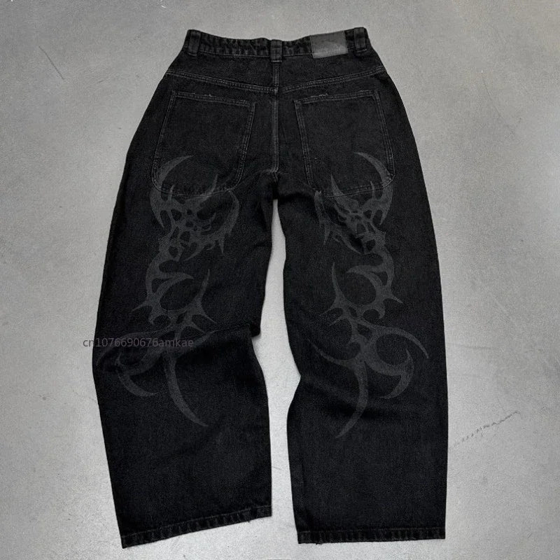 Ins-Pantalon droit en coton noir pour hommes et femmes, Jeans College de motifs de personnalité sombre, High Street Couple, Automne, Hiver, Nouveau