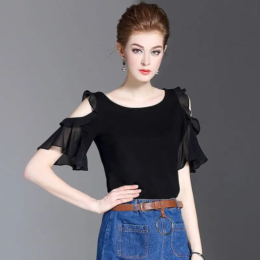 Nouveau Chemise d'été chemisier en mousseline de soie noir femmes élégantes haut de gamme ajouré manches à volants