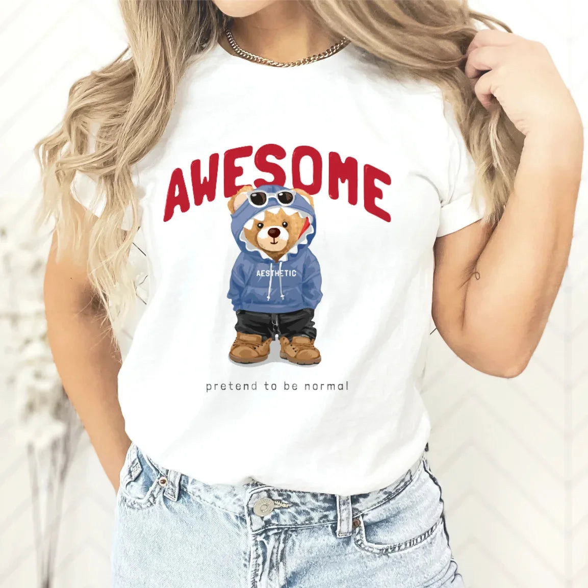 T-shirt imprimé ours en peluche pour femme, haut décontracté à col rond, t-shirts graphiques, vêtements d'été sympas