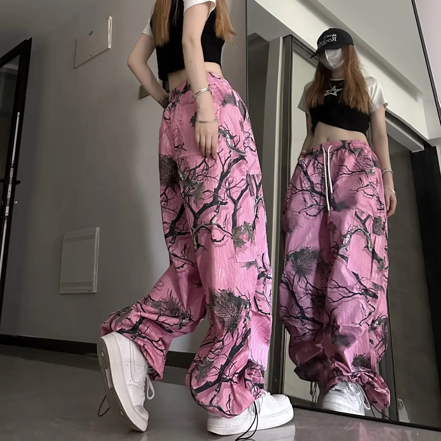 Y2k rose Graffiti impression complète pantalon causal rue Hip-hop amusant pantalon à jambes larges pour les femmes été taille haute ample et minceur Tre