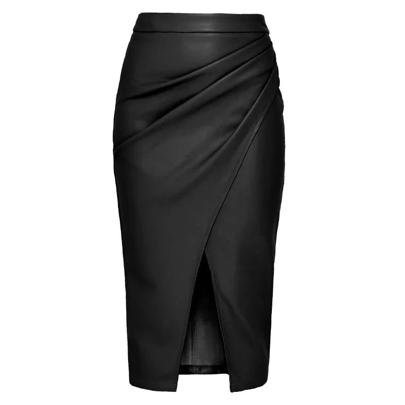Jupe mi-longue en cuir PU pour femme, taille haute, fermeture éclair élégante, jupes fendues sur le devant, faux cuir noir, jupe pliée pour femme, automne
