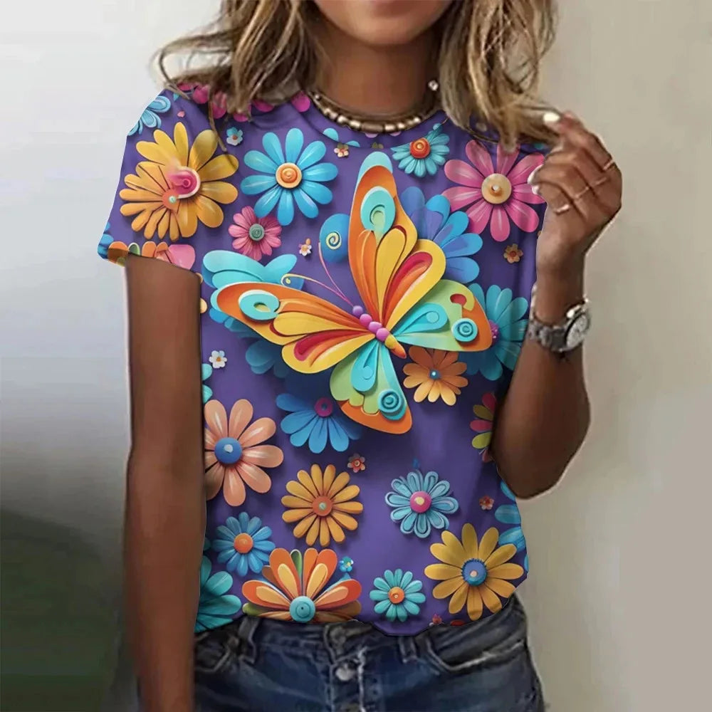 T-shirt manches courtes col rond femme, estival et surdimensionné, avec motif Floral et fleur papillon imprimé en 3D, Y2k, Harajuku, vêtements féminins, nouvelle collection