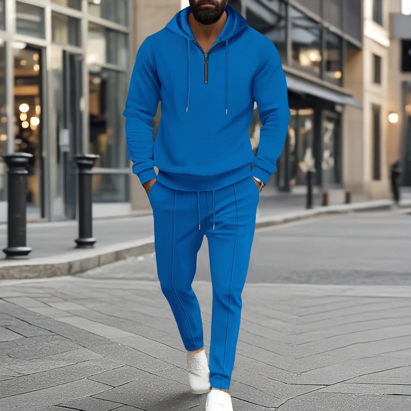 2025 nouveau printemps et automne hommes décontracté gaufre couleur unie petite fermeture éclair à capuche à manches longues paire pantalon deux hommes costume