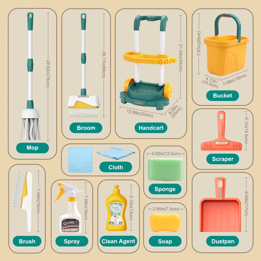 12 pièces/ensemble ensemble de nettoyage pour enfants jouets de nettoyage de vie simulée avec chariot à main semblant jouer hygiène nettoyage maison de jeu jouet garçons et filles