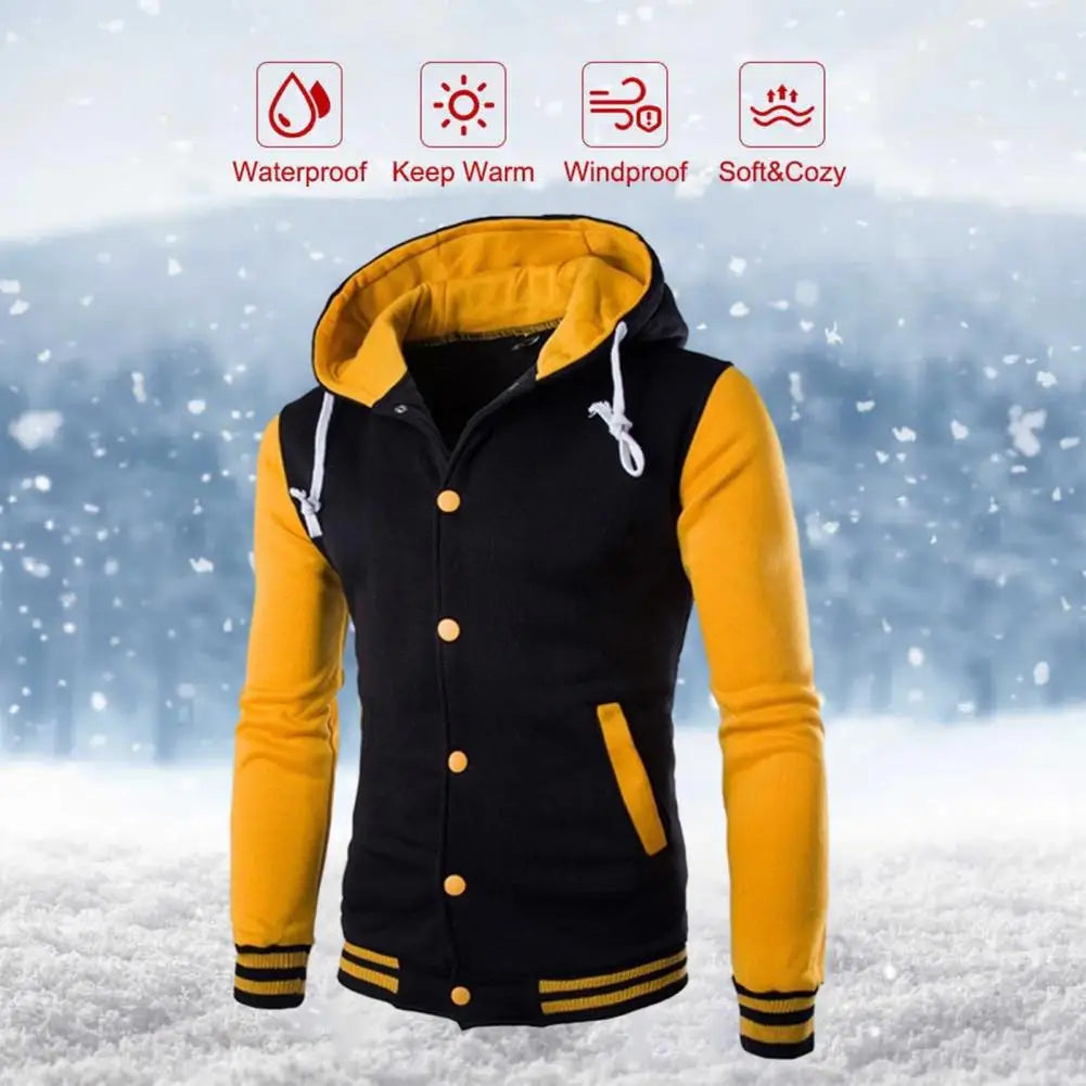 Veste à capuche pour hommes, printemps-automne, Patchwork de couleurs, manteau avec cordon de serrage, manches longues, simple boutonnage, manteau de Baseball, Streetwear