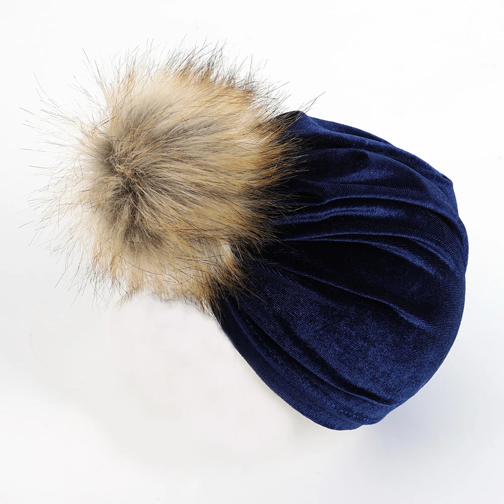 Chapeau boule de fourrure en tissu velours solide pour enfants garçons filles bébé accessoires de photographie grand pompon nœud supérieur automne hiver oreille bonnet chaud