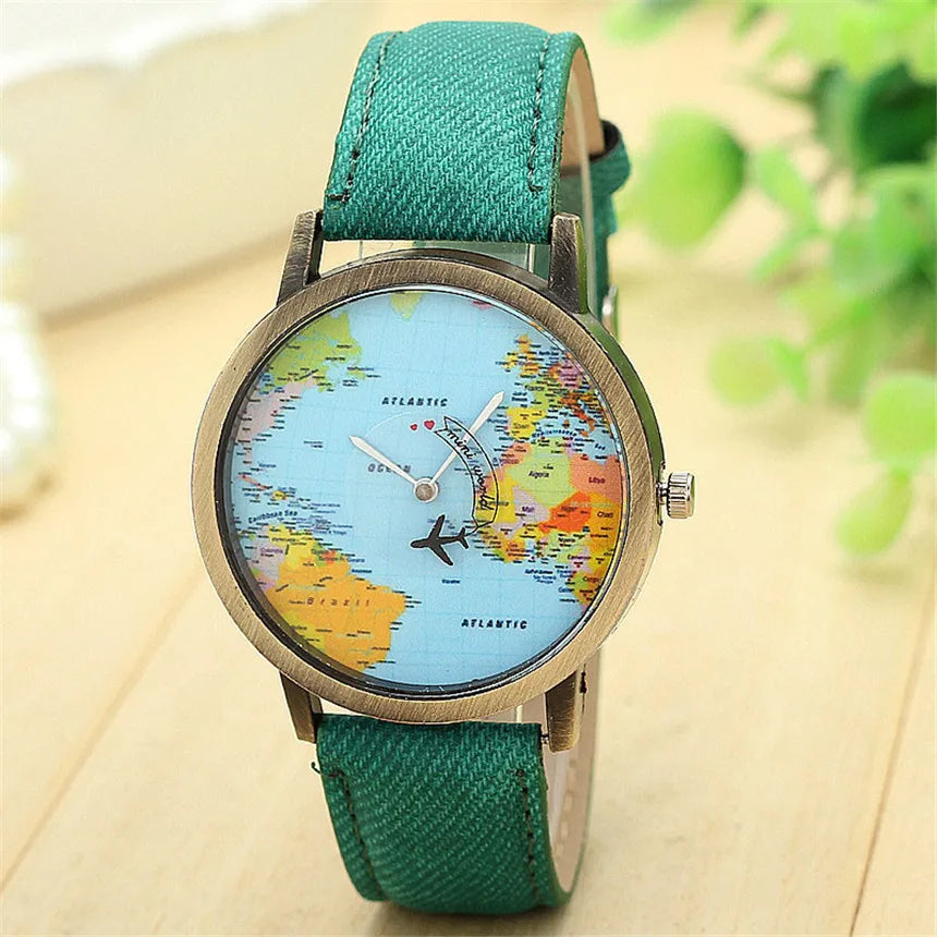 Montre à Quartz de mode unisexe carte avion voyage autour du monde