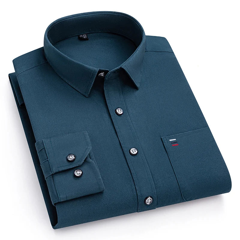 Nouveau 100% pur coton hommes chemises manches longues couleur unie doux coupe régulière chemise décontractée poche Social Blouse hommes vêtements S-7XL
