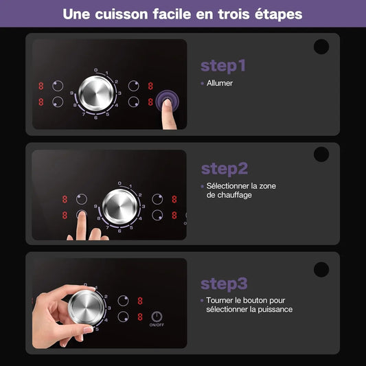 NOXTON Plaque VItrocéramique 4 Feux avec Commande à Bouton Unique, Plaque de Cuisson Electrique 4 Feux Encastrable, Table de Cuisson Vitrocéramique, 220-240V, 6000W, sans Prise