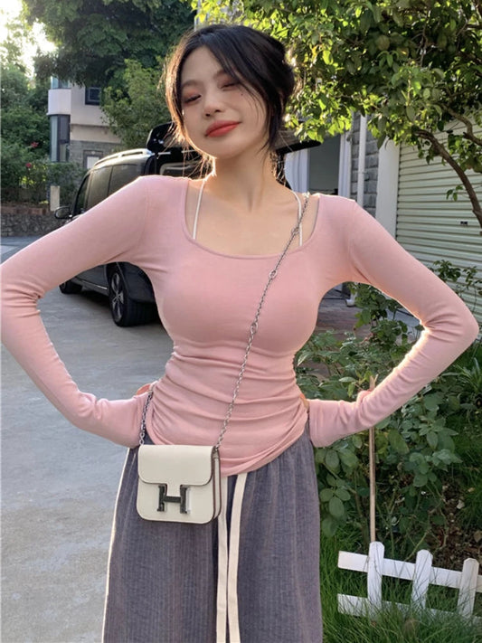 T-shirts Slim femmes à manches longues rose hauts solide Hotsweet Ins mode coréenne vêtements automne nouveau décontracté Simple Sexy collège filles