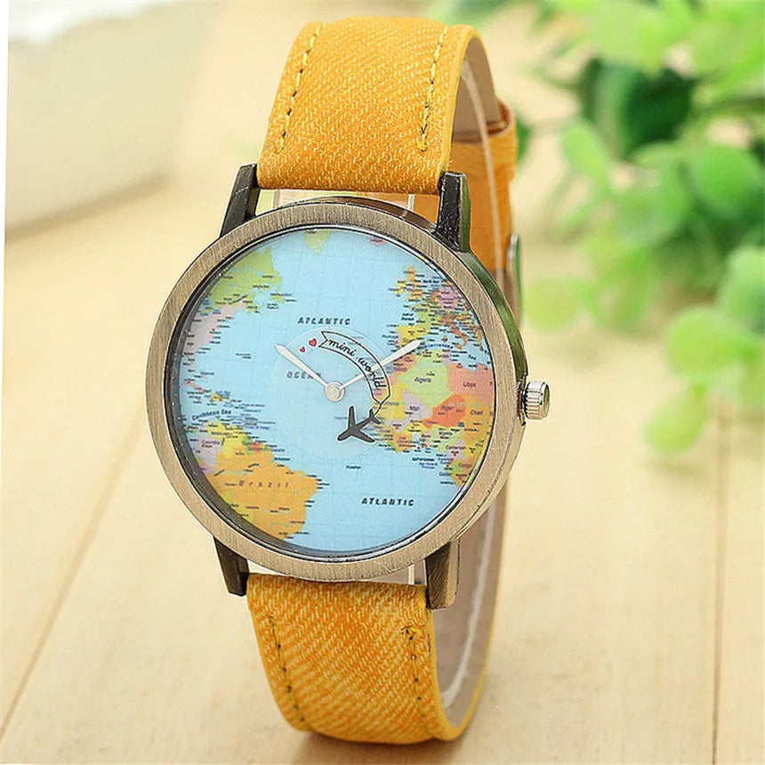 Montre à Quartz de mode unisexe carte avion voyage autour du monde