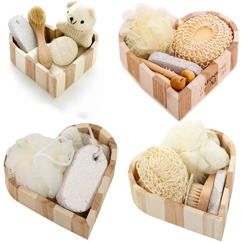 1 ensemble de coffret cadeau Spa en forme de cœur, Kit de nettoyage de la peau, cadeau de Spa pour femmes, Kit de fleurs de bain en Sisal, gants de gommage du dos, masseur