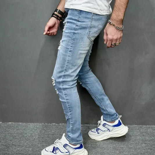 Jean slim déchiré personnalisé pour hommes, nouveau Style, couleur unie, extensible, petit pied, Streetwear, pantalon en Denim pour moto, 2024