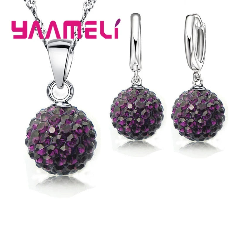 Ensembles de bijoux en argent regardé 925 pour femmes et filles, cadeaux de mariage, cristal autrichien pavé, collier boule CZ Chang, boucles d'oreilles créoles, patients