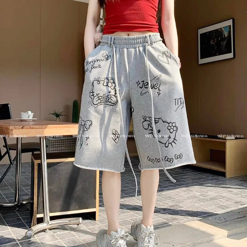 Kawaii femmes Hello Kitty pantalons décontractés Sanrio dessin animé coton pantalons longs Anime filles étudiant mignon danse pantalons à jambes larges dessiner corde