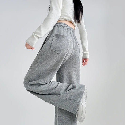 Pantalon de survêtement taille haute pour femme, noir et gris, taille élastique, jambes larges, confortable, droit, ample, Sport, printemps automne