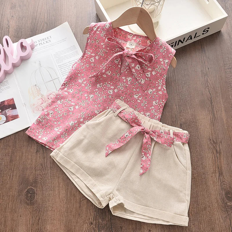 BEAR LEADER-Ensemble de vêtements pour filles, tenue d'été en mousseline de soie, motif floral, col licou + short brodé, en paille, pour enfants, 2023