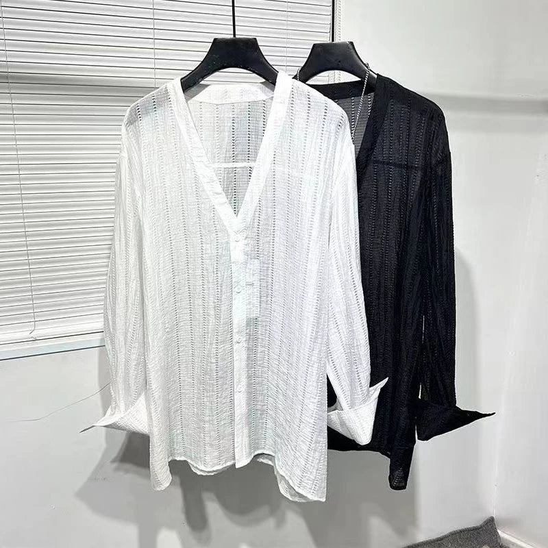 Chemise en maille transparente à col en V pour hommes, chemise à manches longues, chemise boutonnée en dentelle pure, chemises streetwear sexy, printemps, Y-2024